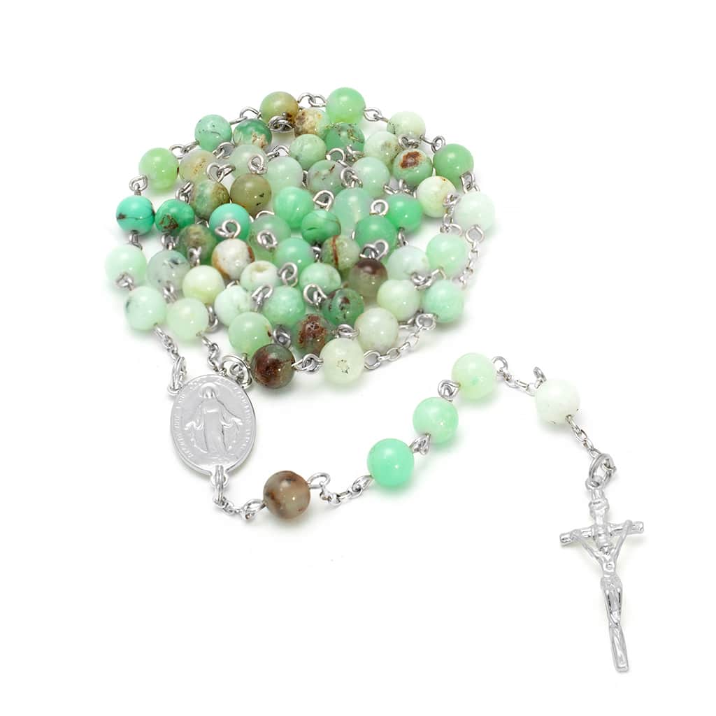zielony różaniec ze srebra i chryzoprazu