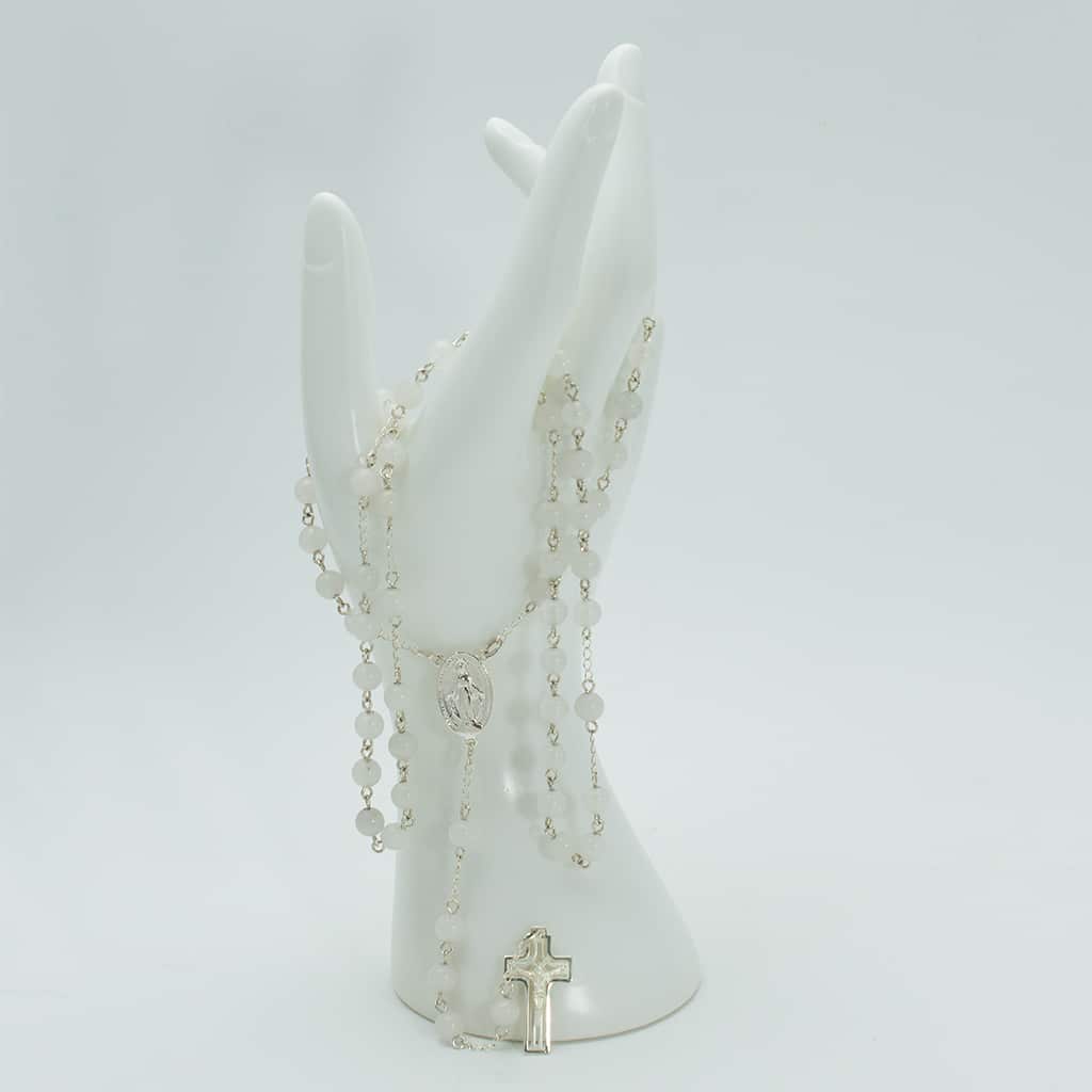 biały różaniec ze srebra 925 i agatów, różaniec komunijny