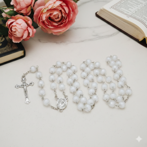 biały różaniec komunijny